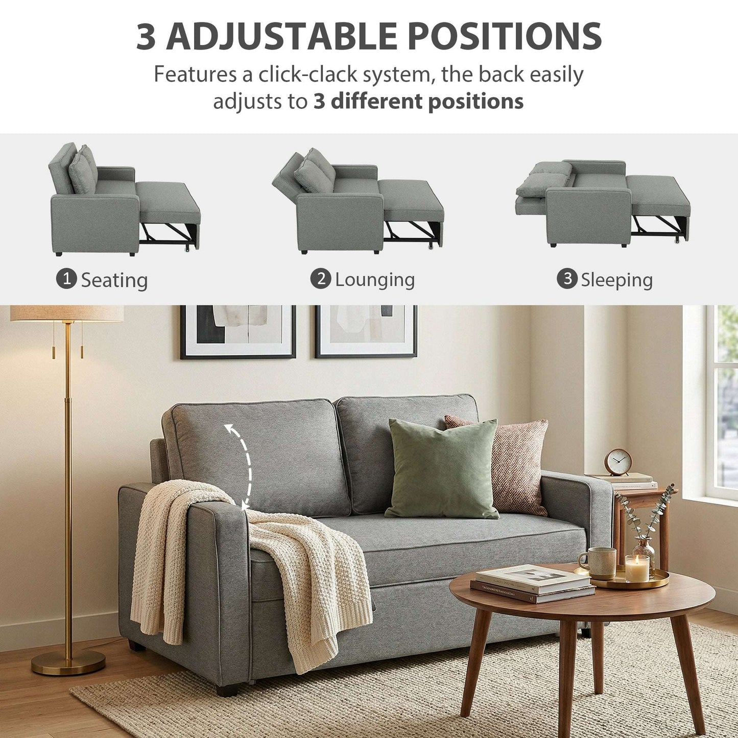 3-in-1 2-Seater Sofa Bed | Click-Clack 3-Position Backrest | Eucalyptus Wood Frame | 12cm High-Density Foam | Faux Linen Upholstery | 2 Washable Pillows | 220kg Max | Sofa 148x86x91.5cm | Bed 126x175x45cm | Grey