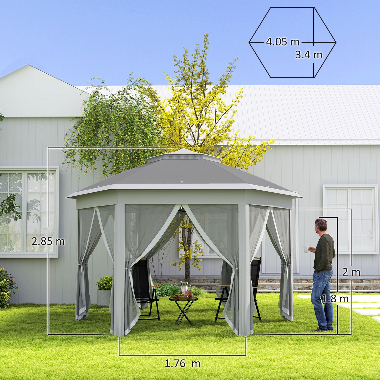 3 x 4m Garden Gazebo Hexagon Pop Up Party Tent Canopy Double Roof Instant Shelter with Netting and Carry Bag for Outdoor Patio, Dark Grey