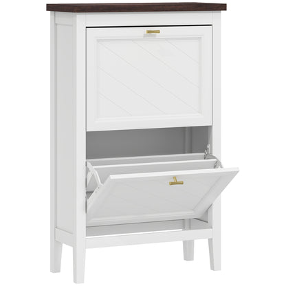 Farmhouse Narrow Shoe Cabinet | 2 Flip Drawers | Gold Handles | White | 96.7cm