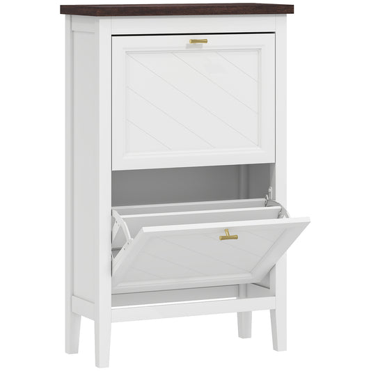 Farmhouse Narrow Shoe Cabinet | 2 Flip Drawers | Gold Handles | White | 96.7cm
