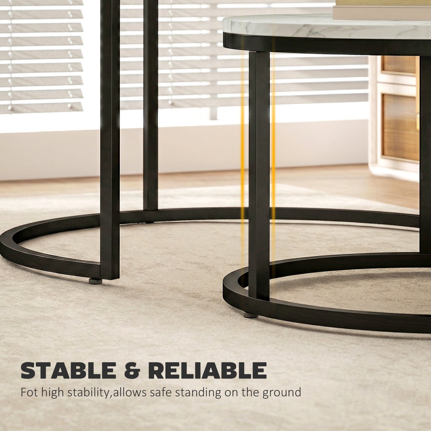 Set of 2 Round Nesting Coffee Tables | Marble-Effect MDF Top | Steel Frame | 50kg | Marble White
