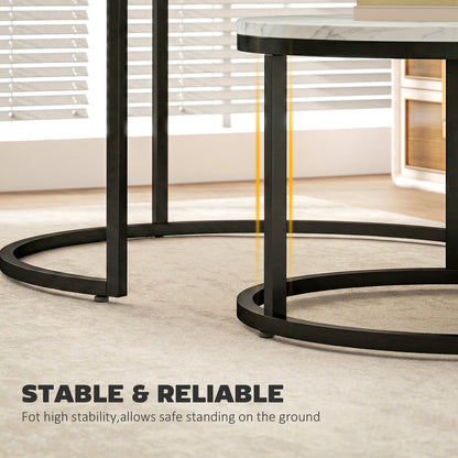 Set of 2 Round Nesting Coffee Tables | Marble-Effect MDF Top | Steel Frame | 50kg | Marble White