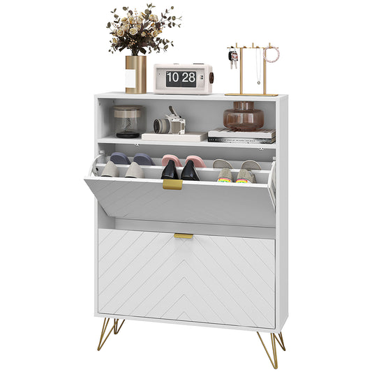 Modern Shoe Storage Cabinet with 2 Flip Drawers for 12 Pairs, Narrow Shoe Organizer for Entryway, Hallway, White