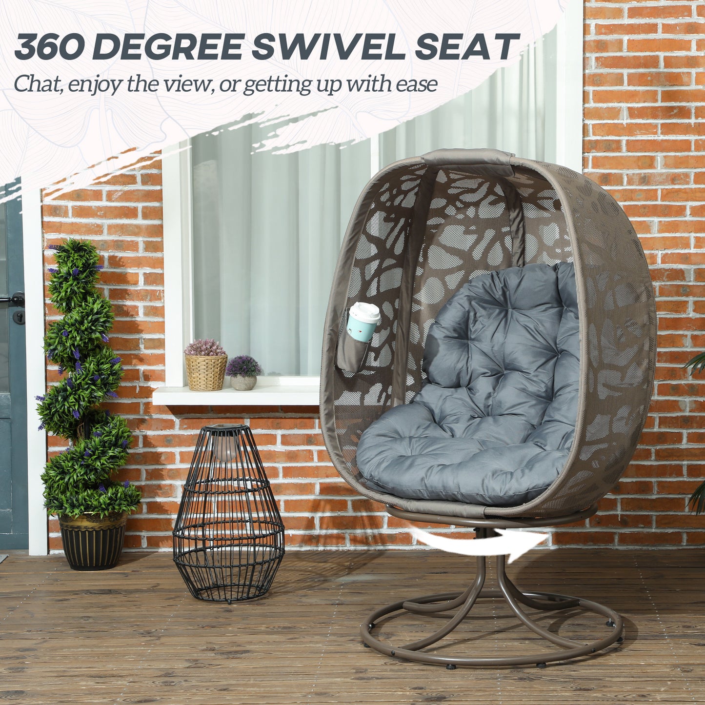 Swivel Egg Chair with Cushions, Foldable Basket Seat and Metal Frame, Indoor Outdoor Lounge Chair for Balcony, Patio and Living Room