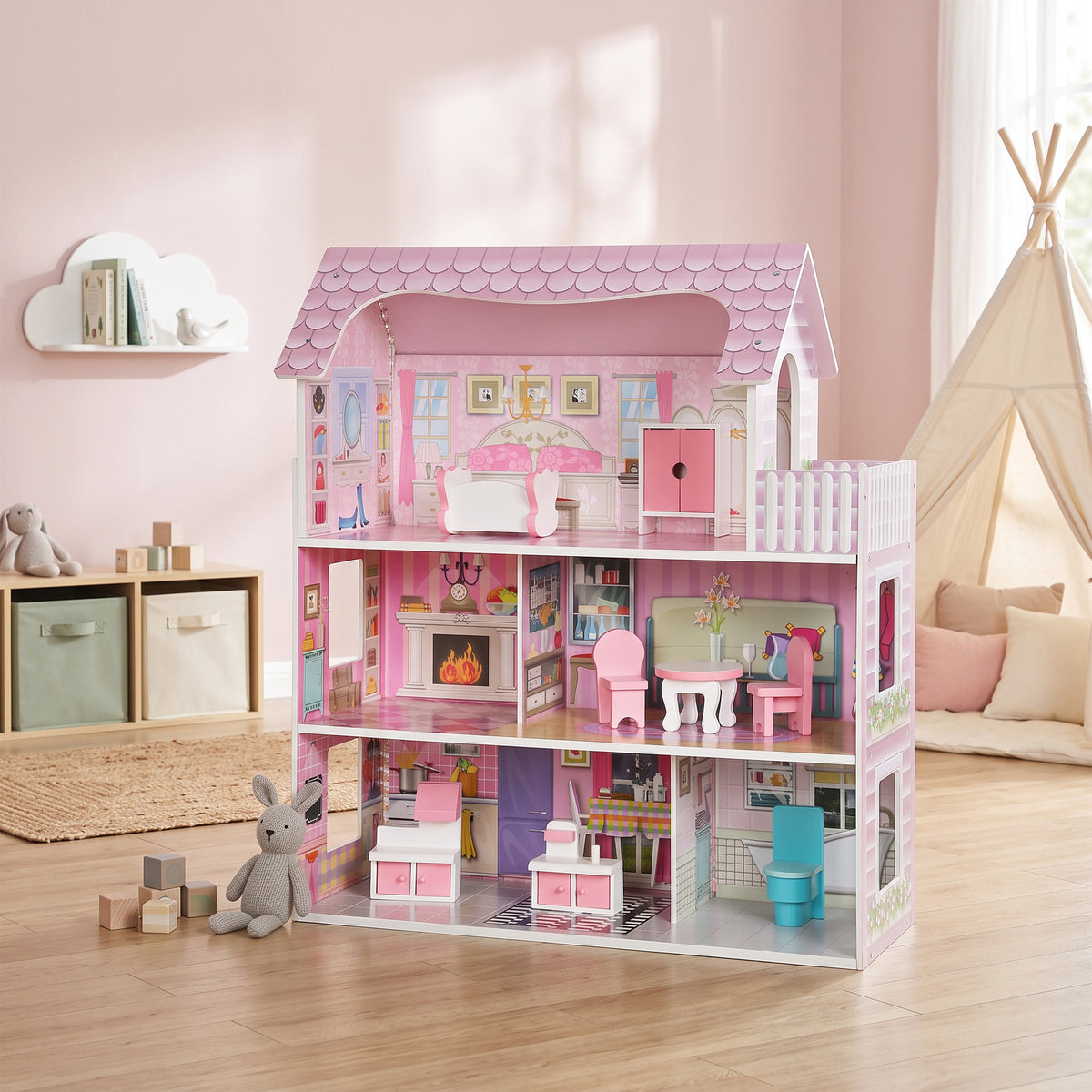AIYAPLAY Pink 3-Storey Dolls House | 70cm MDF Dollhouse with LED Strip & Balcony | 8 Furniture Pieces | Open-Front Play | Ages 3–6