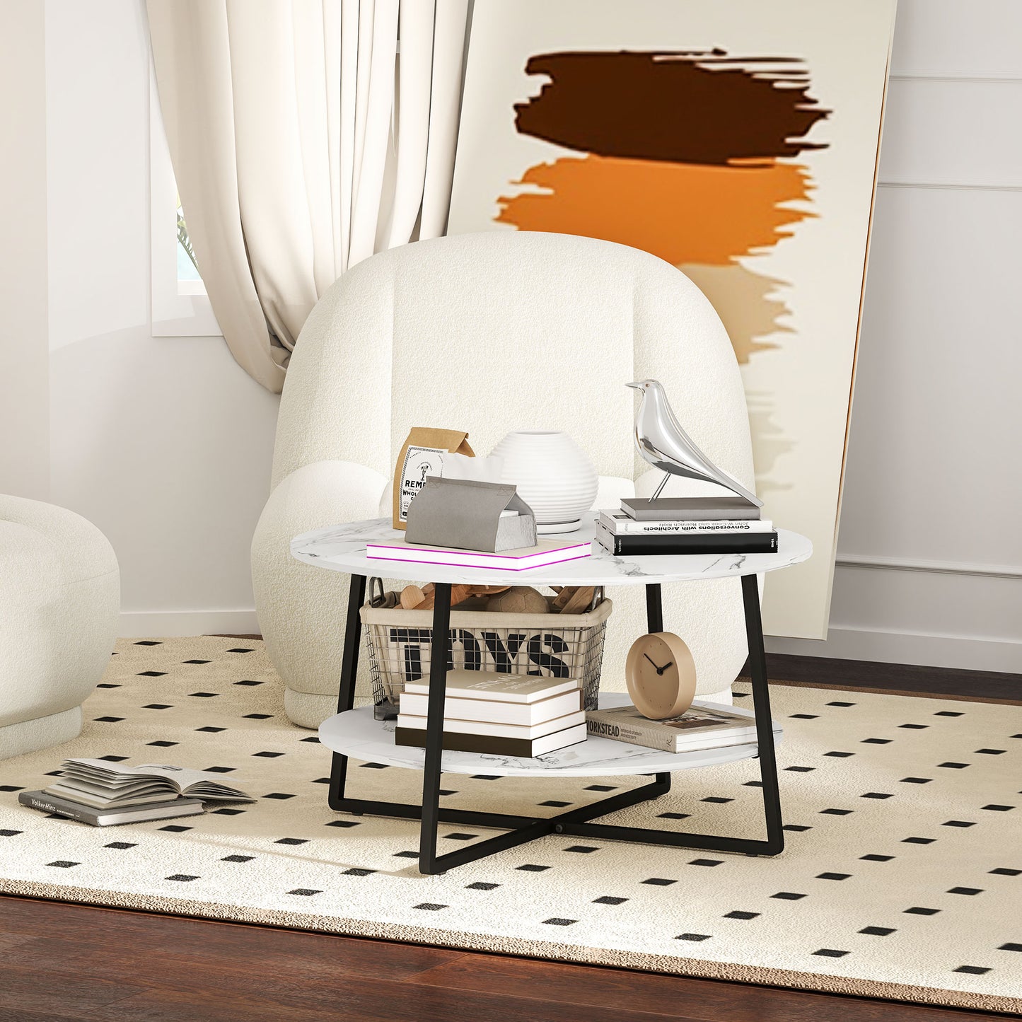 2-Tier Round Coffee Table with Storage Shelf, Living Room Table with Marble Effect Top and Steel Frame, White