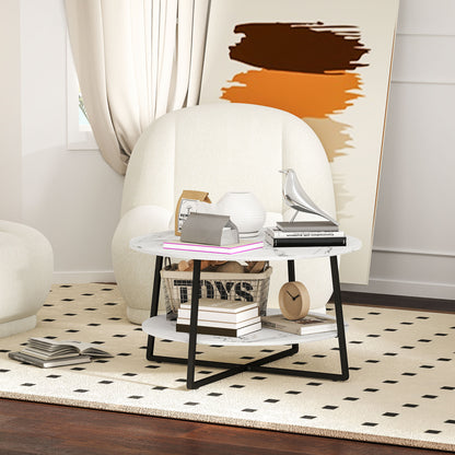 2-Tier Round Coffee Table with Storage Shelf, Living Room Table with Marble Effect Top and Steel Frame, White