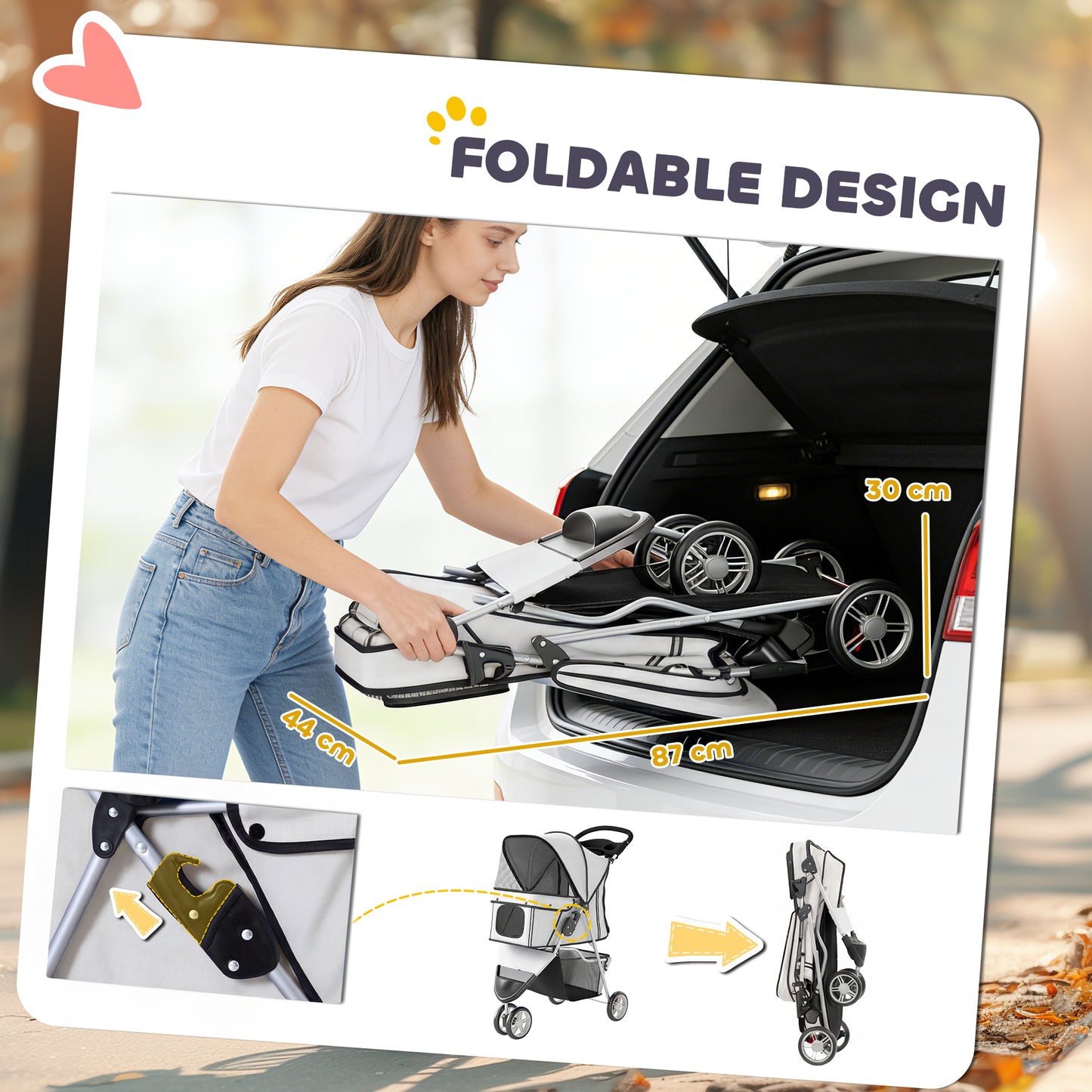 3-Wheel Foldable Dog Stroller / Pet Pushchair | Mesh Canopy | Cup Holder | Reflective Strips | 10kg | Grey