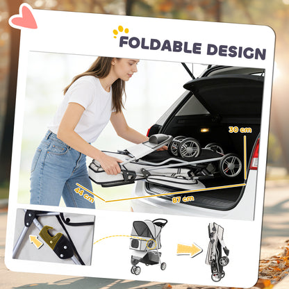 3-Wheel Foldable Dog Stroller / Pet Pushchair | Mesh Canopy | Cup Holder | Reflective Strips | 10kg | Grey