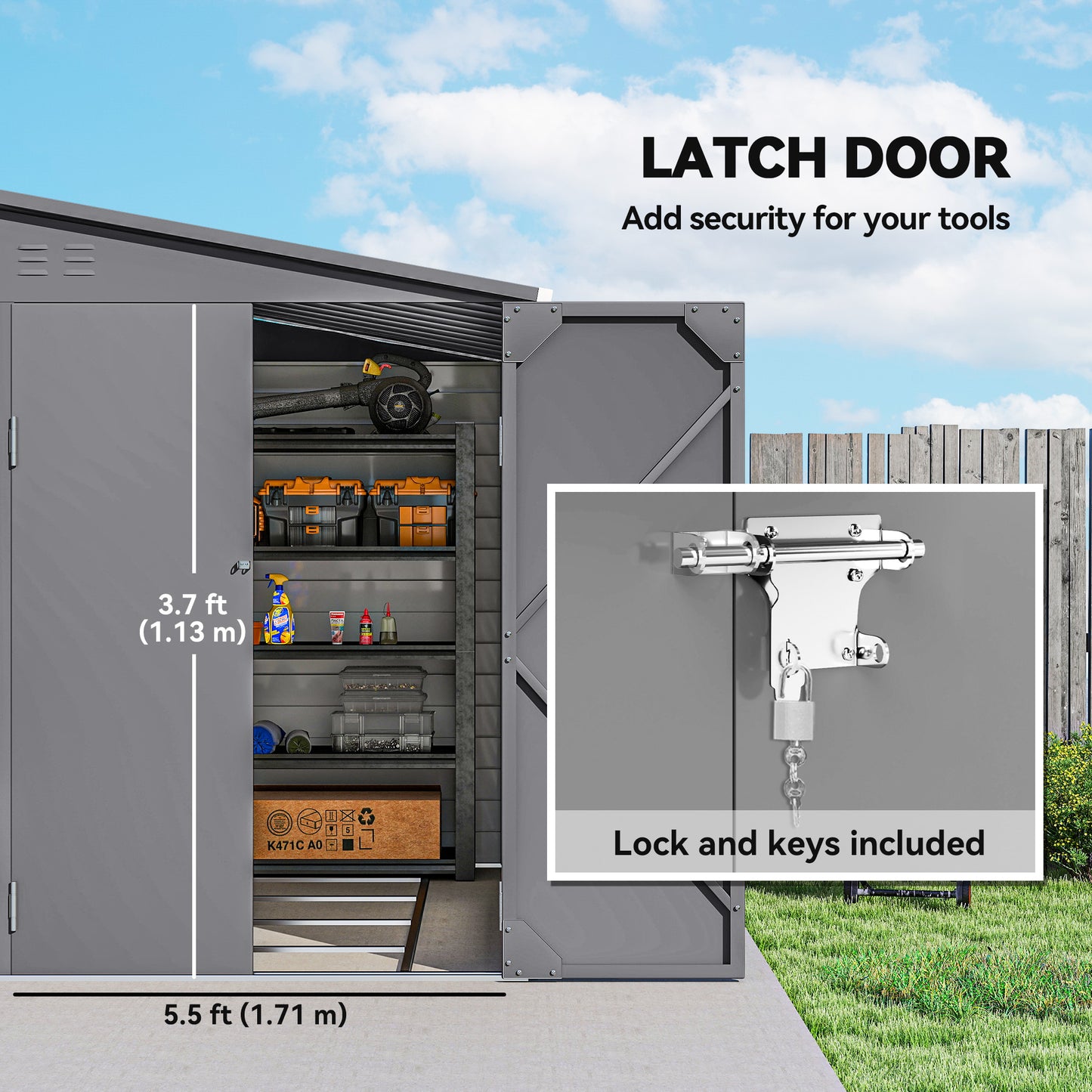5 x 9ft Galvanised Metal Garden Shed with Foundation Kit, Outdoor Lean-to Shed, Tool Storage House with Lockable Doors, Grey