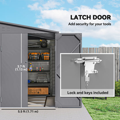 5 x 9ft Galvanised Metal Garden Shed with Foundation Kit, Outdoor Lean-to Shed, Tool Storage House with Lockable Doors, Grey