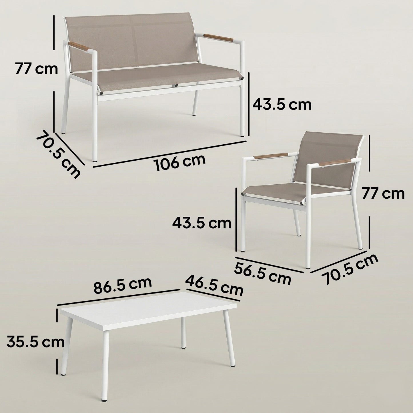 4-Piece Garden Furniture Set | Loveseat, 2 Armchairs & Table | Breathable Mesh | Khaki