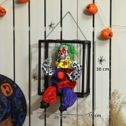 Halloween Animated Hinging Clown in Cage with Glowing LED Eyes, Spooky Clown Scary Halloween Decorations, Battery Operated, Indoor Party Props