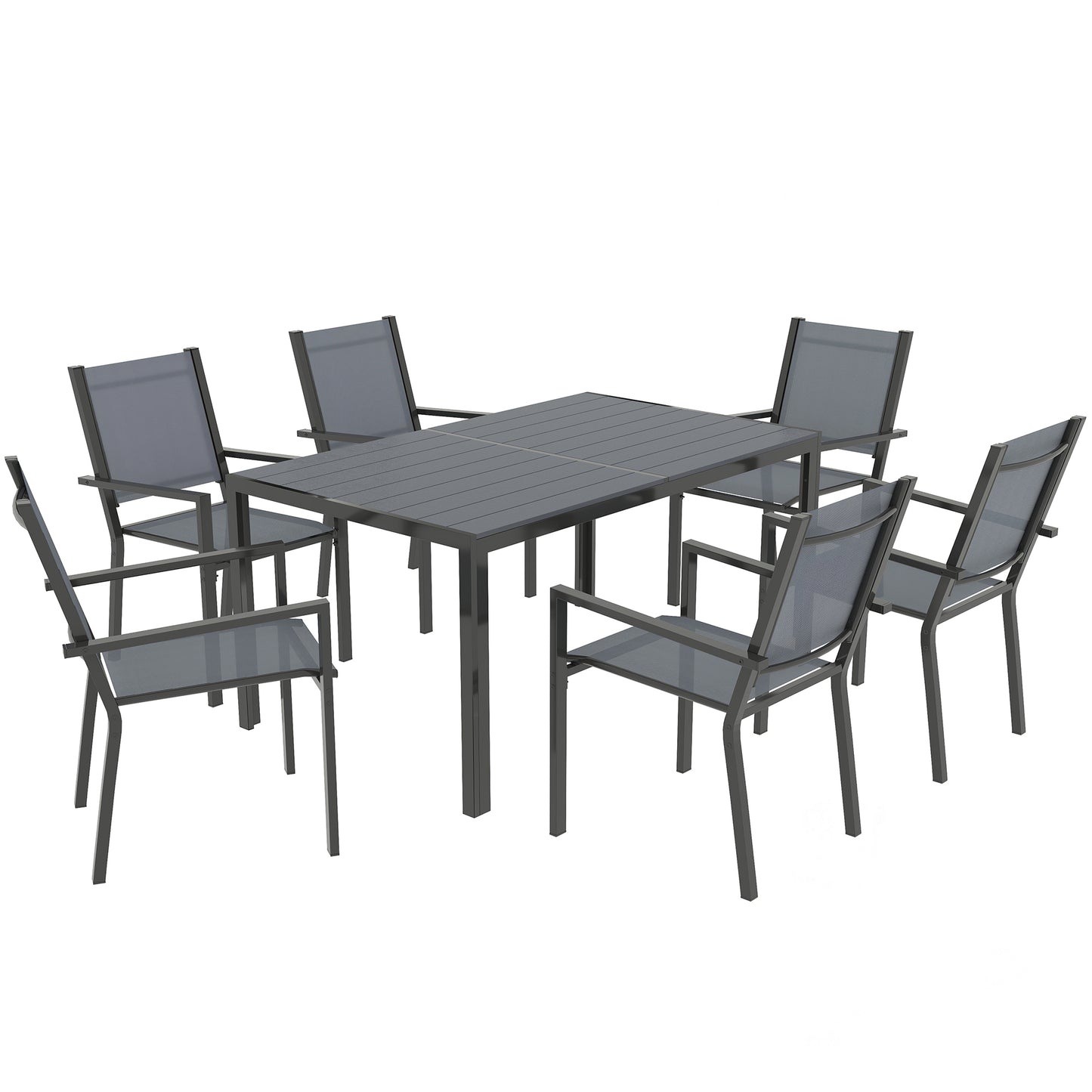 7 Piece Garden Dining Set, Outdoor Furniture Set with 6 Stackable Chairs and 150 cm Rectangle Table, WPC Slatted Top, Rust-Resistant Steel Frame