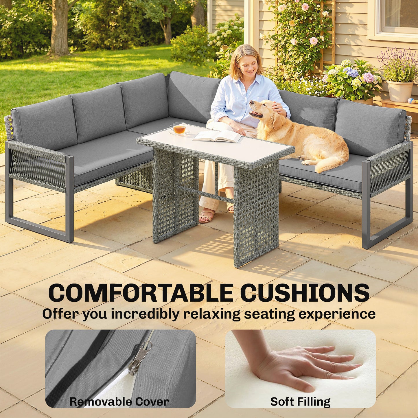 6 Seater Modular Rattan Corner Garden Furniture Set | 3 Loveseats & Dining Table | Tempered Glass | Galvanised Frame | Fade-Resistant Cushions | L-Shape or U-Shape | Grey