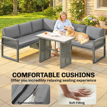 6 Seater Modular Rattan Corner Garden Furniture Set | 3 Loveseats & Dining Table | Tempered Glass | Galvanised Frame | Fade-Resistant Cushions | L-Shape or U-Shape | Grey