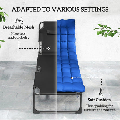 Folding Sun Lounger Camping Bed | 5 Position Recline | 68cm Mesh Seat | Removable Cushion & Headrest | Portable | 120kg | Blue