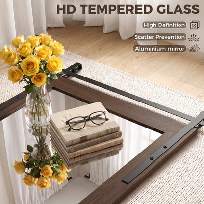 Farmhouse Wall Mirror | 86.5H x 61W cm | Rectangular Tempered Glass & Decorative Barn-Door Detail | Dark Brown / White Oak