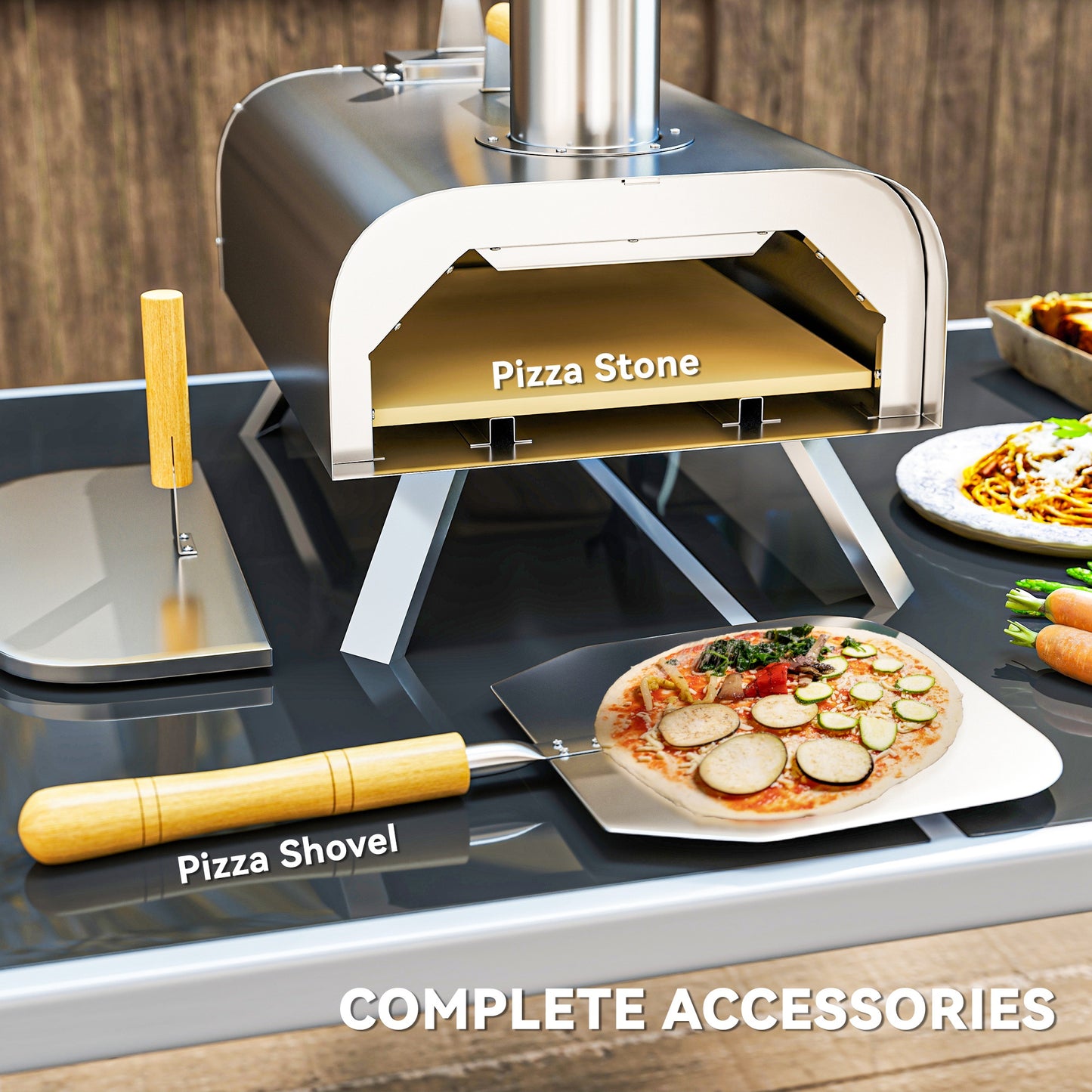 Portable Wood Pellet Outdoor Pizza Oven with Stone and Peel, Foldable Legs, Chimney, 12 Inch Wood Fired Pizza Maker for Outdoor Cooking, Stainless Steel