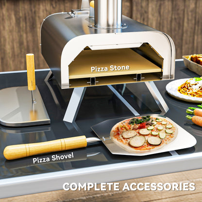 Portable Wood Pellet Outdoor Pizza Oven with Stone and Peel, Foldable Legs, Chimney, 12 Inch Wood Fired Pizza Maker for Outdoor Cooking, Stainless Steel