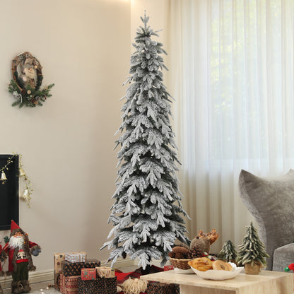 7ft Pencil Artificial Christmas Tree, Snow Flocked Xmas Tree with Downswept Branches and 800 Tips, Auto Open, Steel Base, Holiday Decoration for Home Office, Green