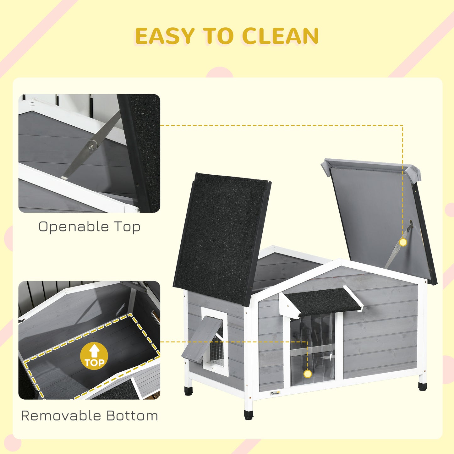 Wooden Dog Kennel | Asphalt Roof | Openable Top | Door Curtain | 2 Windows | Raised Base | Removable Tray | Small Dogs up to 15kg | 97 x 72 x 65cm | Grey