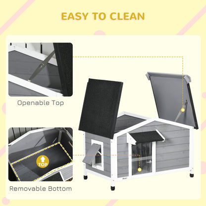 Wooden Dog Kennel | Asphalt Roof | Openable Top | Door Curtain | 2 Windows | Raised Base | Removable Tray | Small Dogs up to 15kg | 97 x 72 x 65cm | Grey