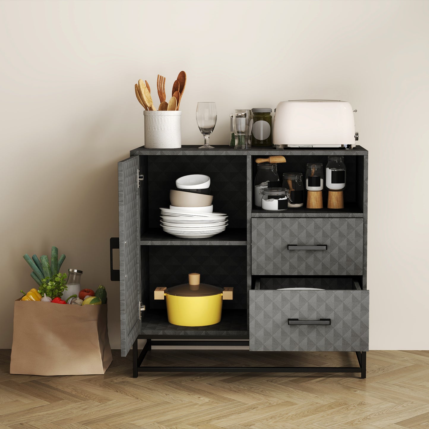 Sideboard with Adjustable Shelf, Freestanding Sideboard Storage Cabinet with Open Compartment and 2 Drawers, Grey