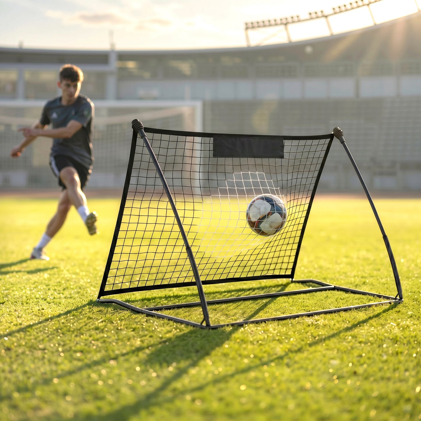 Portable Football Rebounder Net | 140x90cm | Tetoron Net | Steel & Fibreglass Frame | Carry Bag | Ground Stakes | Black