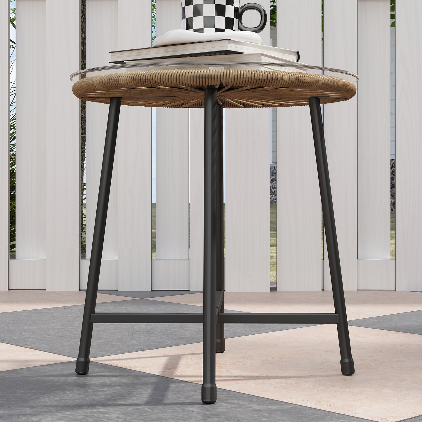 3 Pieces Rattan Bistro Set, Wicker Small Garden Table and Chairs Set with Cushions and Glass Top Coffee Table, Bistro Garden Furniture Set, Natural