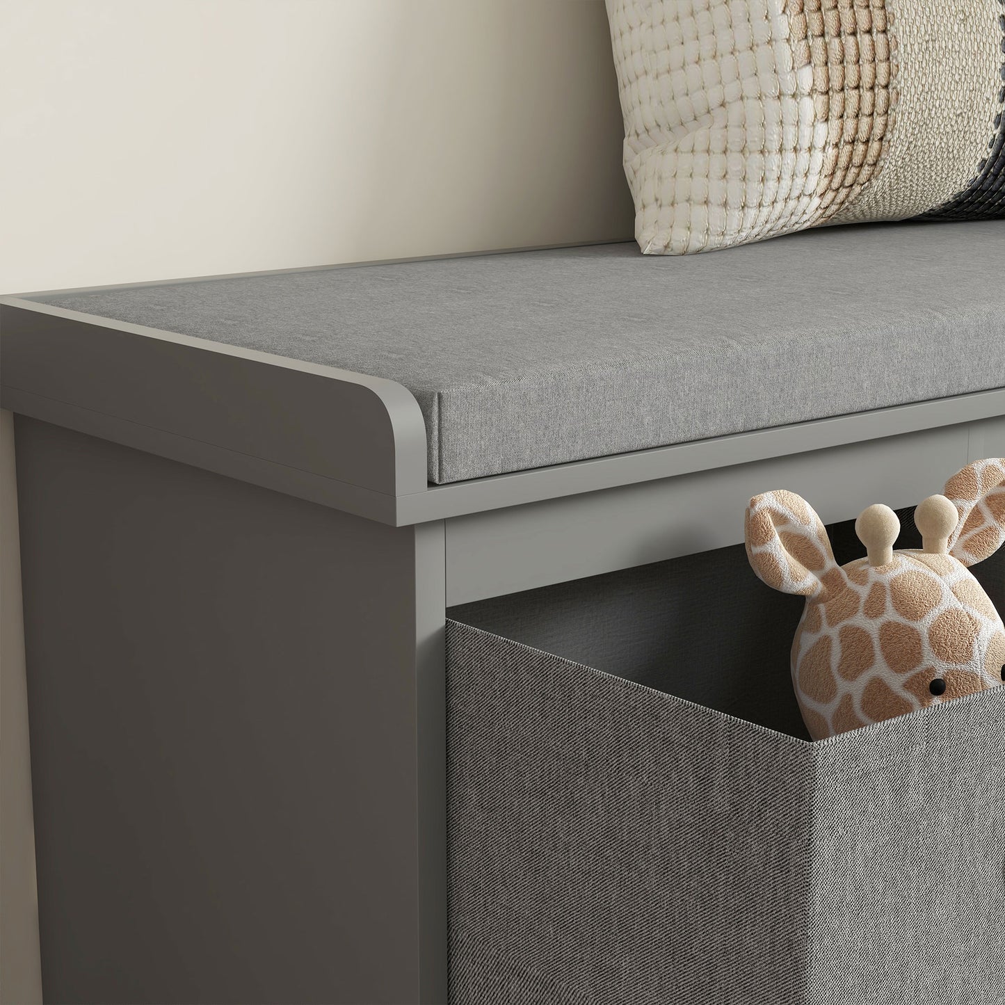 Shoe Bench with Seat, Shoe Storage Bench with Cushion and 3 Fabric Drawers for Entryway, Hallway, Living Room, Bedroom, Grey