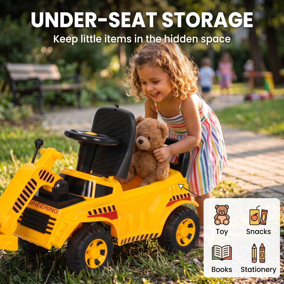 AIYAPLAY Kids Ride-On Road Roller | Foot-Powered Construction Toy | Liftable Front Drum | Horn & Under-Seat Storage | Yellow & Black | Ages 1–4