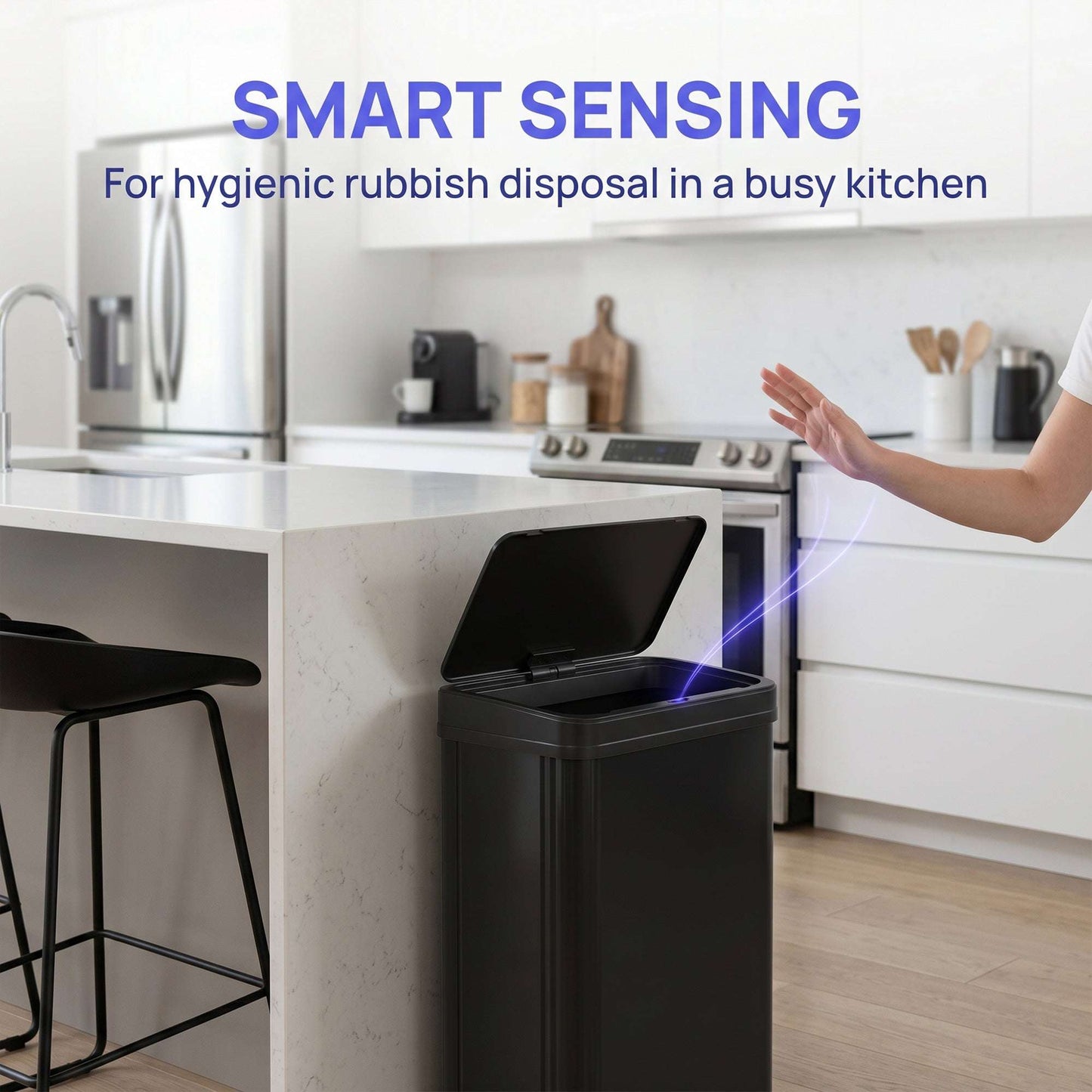 50L Motion Sensor Bin | 0.5s Open | Fingerprint-Resistant 410 Stainless Steel | Soft-Close Lid | Dual Modes | Extra-Wide Opening | Liner Ring | Fully Detachable | 4xAA 10,000 Cycles | 35.5x26x67cm | Black