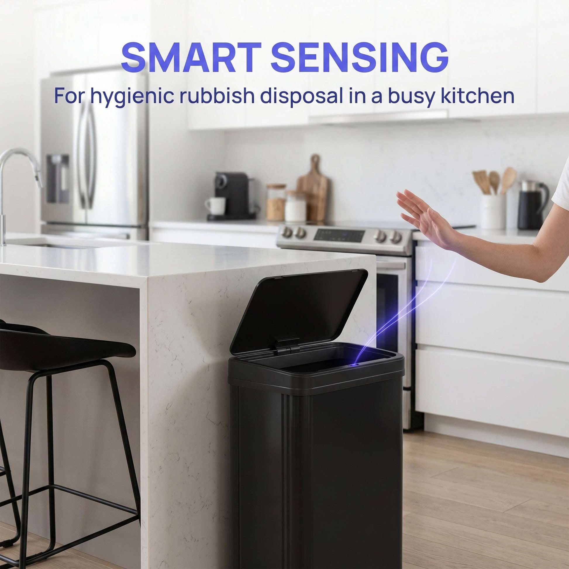 50L Motion Sensor Bin | 0.5s Open | Fingerprint-Resistant 410 Stainless Steel | Soft-Close Lid | Dual Modes | Extra-Wide Opening | Liner Ring | Fully Detachable | 4xAA 10,000 Cycles | 35.5x26x67cm | Black