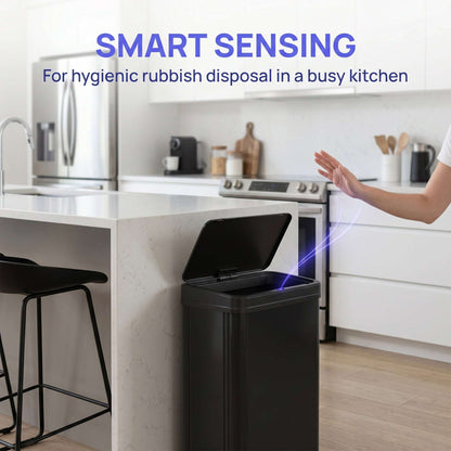 50L Motion Sensor Bin | 0.5s Open | Fingerprint-Resistant 410 Stainless Steel | Soft-Close Lid | Dual Modes | Extra-Wide Opening | Liner Ring | Fully Detachable | 4xAA 10,000 Cycles | 35.5x26x67cm | Black
