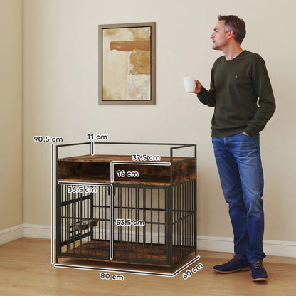 Dog Crate Furniture Side Table | Rotating Feeding Station | Storage Shelf | Double Door Lock | 20kg | Rustic Brown