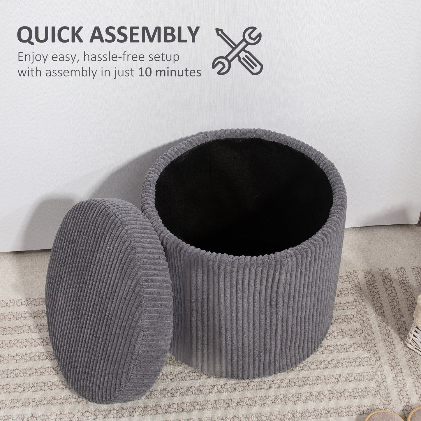 40cm Round Storage Ottoman, Corduroy Footstool with Removable Lid and Legs, Vanity Stool for Living Room, Bedroom, Grey
