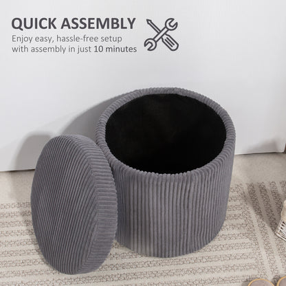 40cm Round Storage Ottoman, Corduroy Footstool with Removable Lid and Legs, Vanity Stool for Living Room, Bedroom, Grey