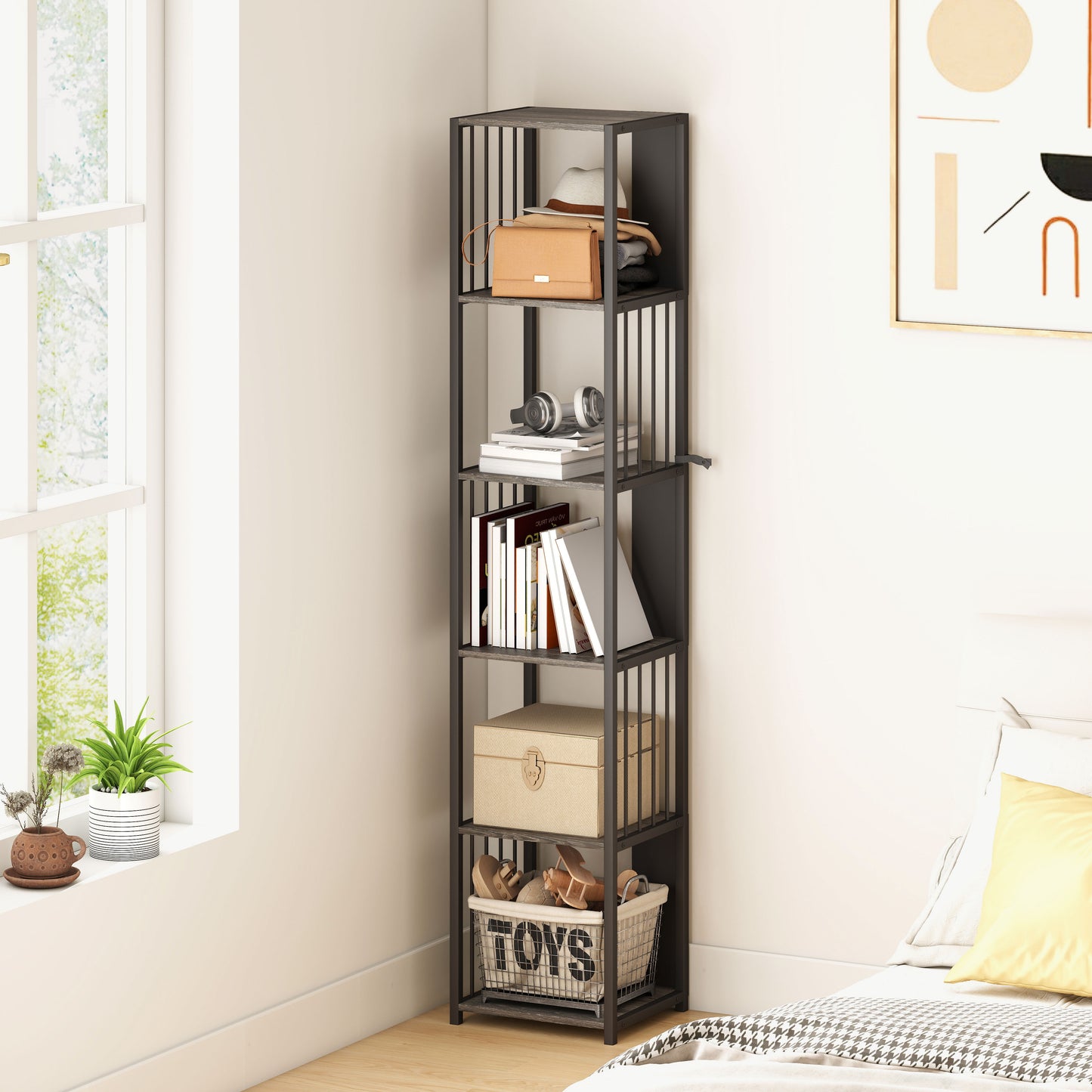 5-Tier Bookshelf with Steel Frame - Grey