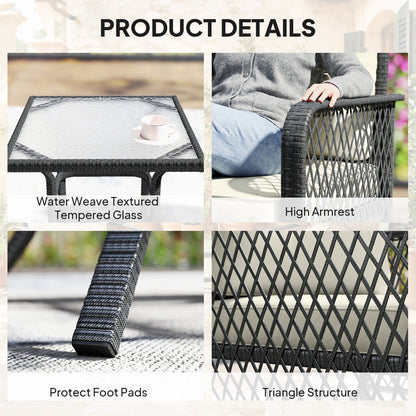 3 Piece Rattan Bistro Set | 2 Armchairs | Tempered Glass Coffee Table | 10cm Seat Cushions | Washable Covers | PE Wicker Metal Frame | 160kg | Cream