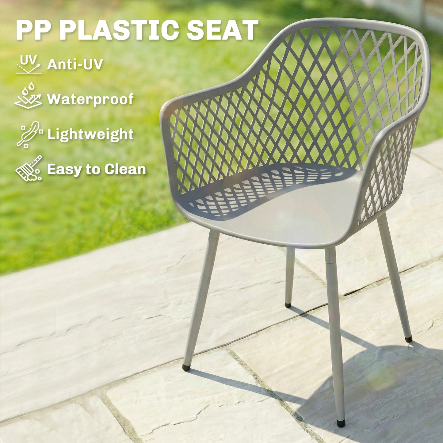 Set of 4 Garden Dining Chairs | Diamond Cut-Out Back | Armrests | Anti-UV PP | 120kg | Grey