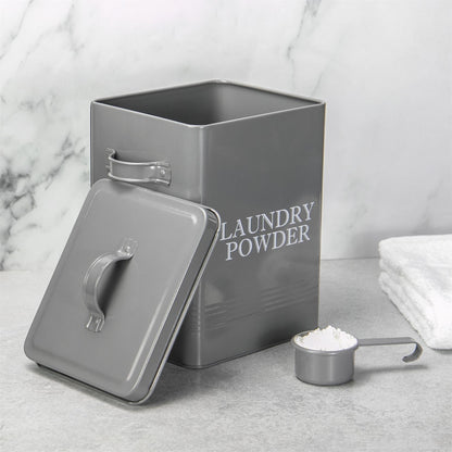 Laundry Powder Storage Tin | Powder-Coated Steel | Secure Lid | Side Carry Handles | 83.5ml Scoop Included | 26x20x15cm | 2-Year Warranty | Grey