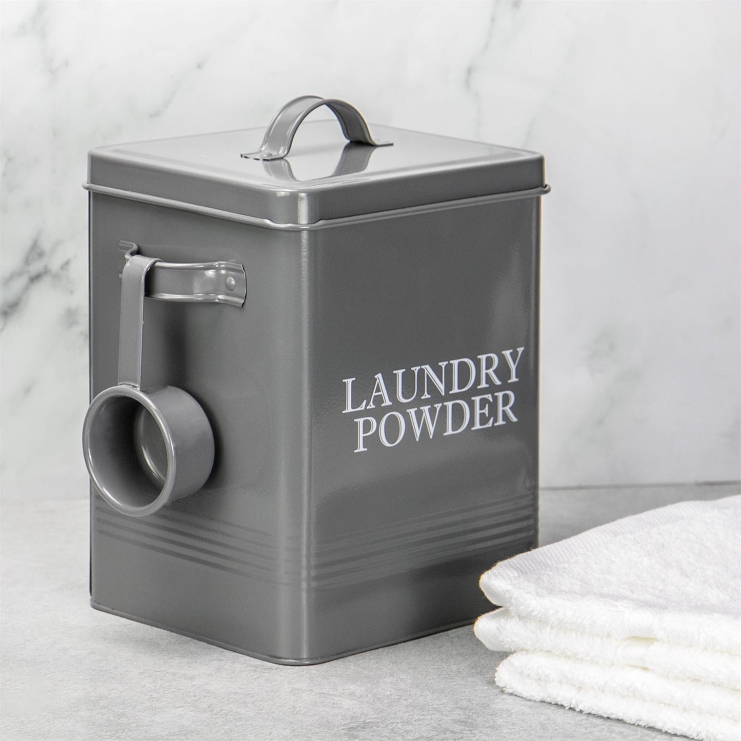 Laundry Powder Storage Tin | Powder-Coated Steel | Secure Lid | Side Carry Handles | 83.5ml Scoop Included | 26x20x15cm | 2-Year Warranty | Grey