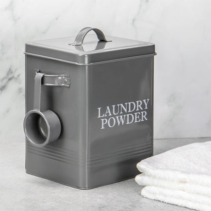 Laundry Powder Storage Tin | Powder-Coated Steel | Secure Lid | Side Carry Handles | 83.5ml Scoop Included | 26x20x15cm | 2-Year Warranty | Grey