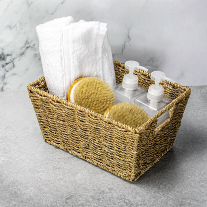 Maison & White Natural Seagrass Storage Basket Set of 2 | Wireframe Construction | 2 Carry Handles | Nestable | Eco-Friendly | Wipe Clean | Bathroom Kitchen Bedroom | Natural Woven Finish | 30x22x15cm | 2-Year Warranty