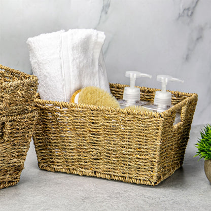Maison & White Natural Seagrass Storage Baskets | Set of 3 | Woven over Wireframe | 30x22x15cm Each | 2 Carry Handles | Nestable | Bathroom Bedroom Living Room Kitchen | Eco-Friendly | 2-Year Warranty