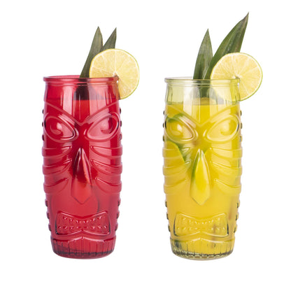 Pukkr Tiki Cocktail Glasses | Set of 2 × 600ml | Red & Green Embossed Face Design | Tropical Cocktail & Mocktail Tumblers