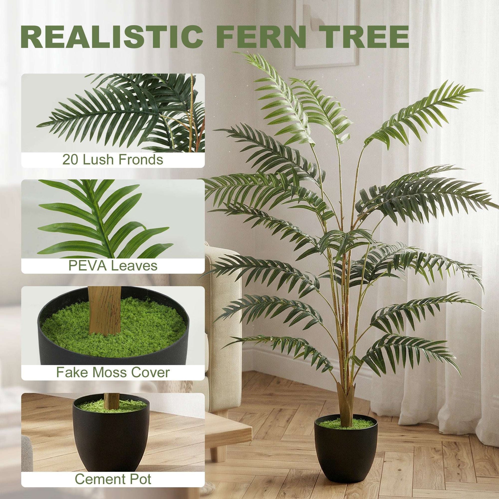 Artificial Fern Tree | 120cm | 20 PEVA Fronds | Soft-Touch | Shapeable Stems | Cement Pot | Soil Effect | No Maintenance | Green