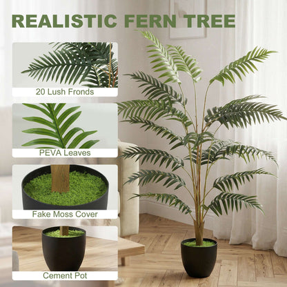 Artificial Fern Tree | 120cm | 20 PEVA Fronds | Soft-Touch | Shapeable Stems | Cement Pot | Soil Effect | No Maintenance | Green