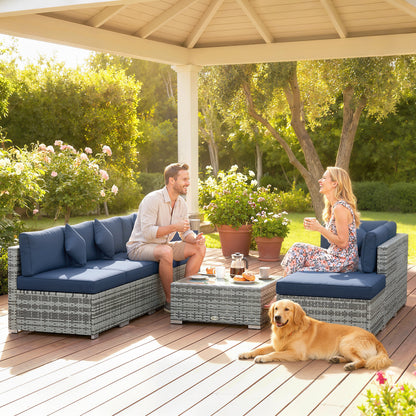 8-Piece Modular PE Rattan Corner Sofa Set | 2 Corner & 4 Middle Seats | Footstool | Tempered Glass Coffee Table | Thick Cushions | 4 Coloured Pillows | Protective Cover | Adjustable Foot Pads | 120kg Per Seat | Dark Blue